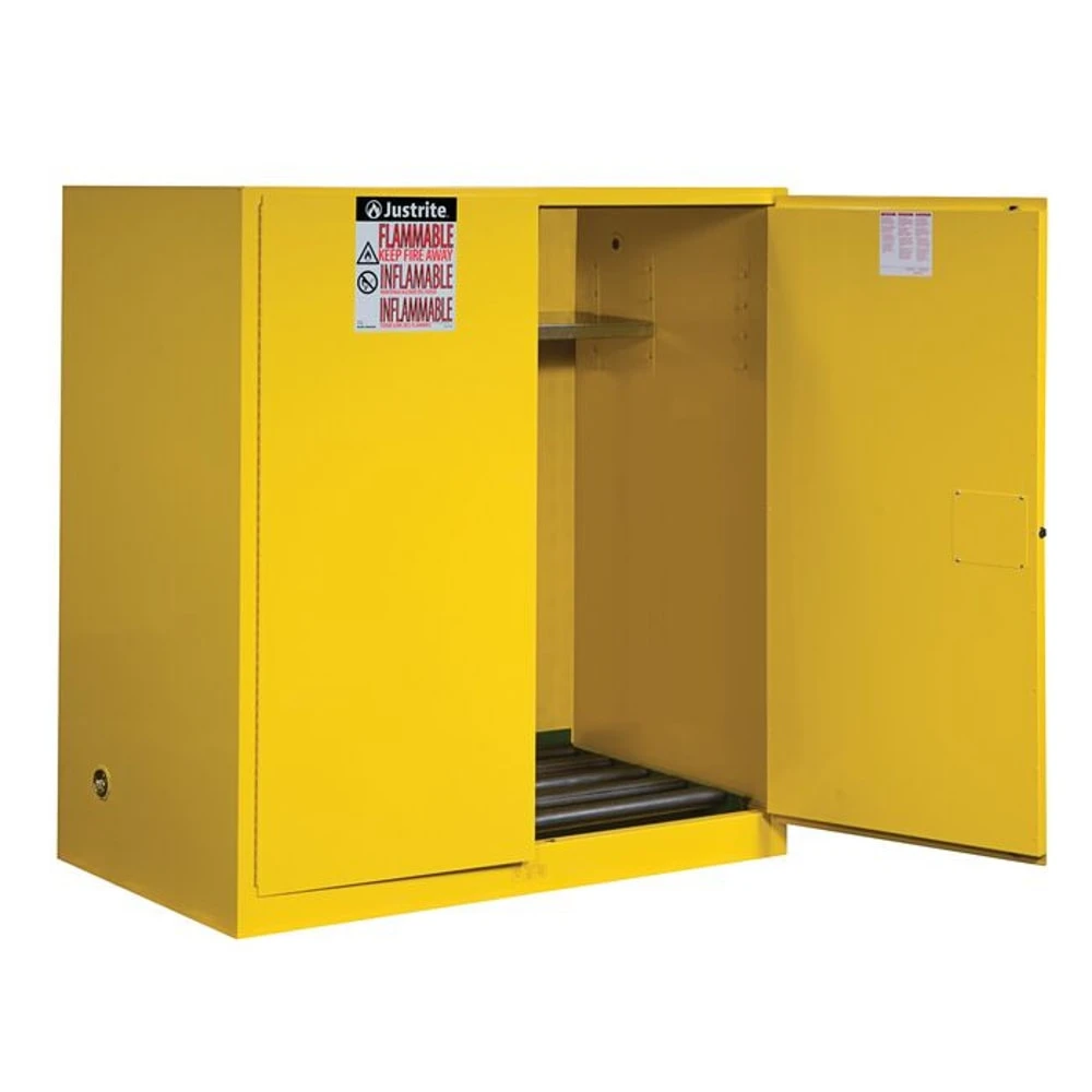 JUSTRITE 899160 Flammable Cabinet, 1 Drum Vertical, 1 Shelf, 2 Doors, Manual Close, 110 Gallon, Yellow | AB4LEX 1YNH2