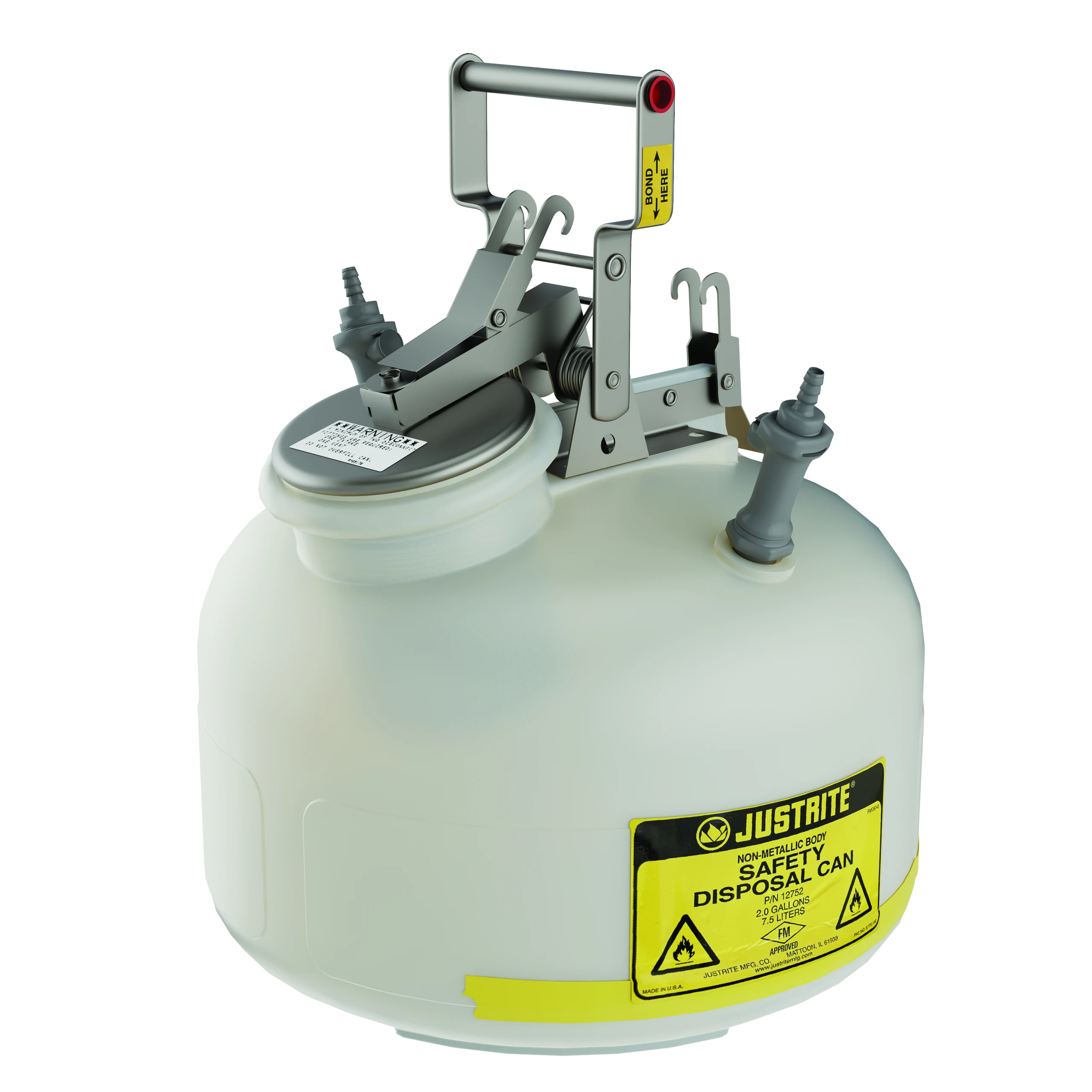 JUSTRITE PP12752 HPLC Safety Disposal Can, 2 Gallon, Edpm, White | AB4LFR JCNPP12752