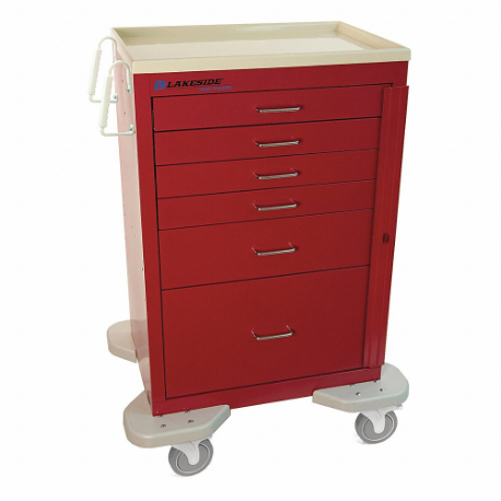 Medical Procedure Cart, Steel, Swivel/ Swivel with Brake, Red, Red