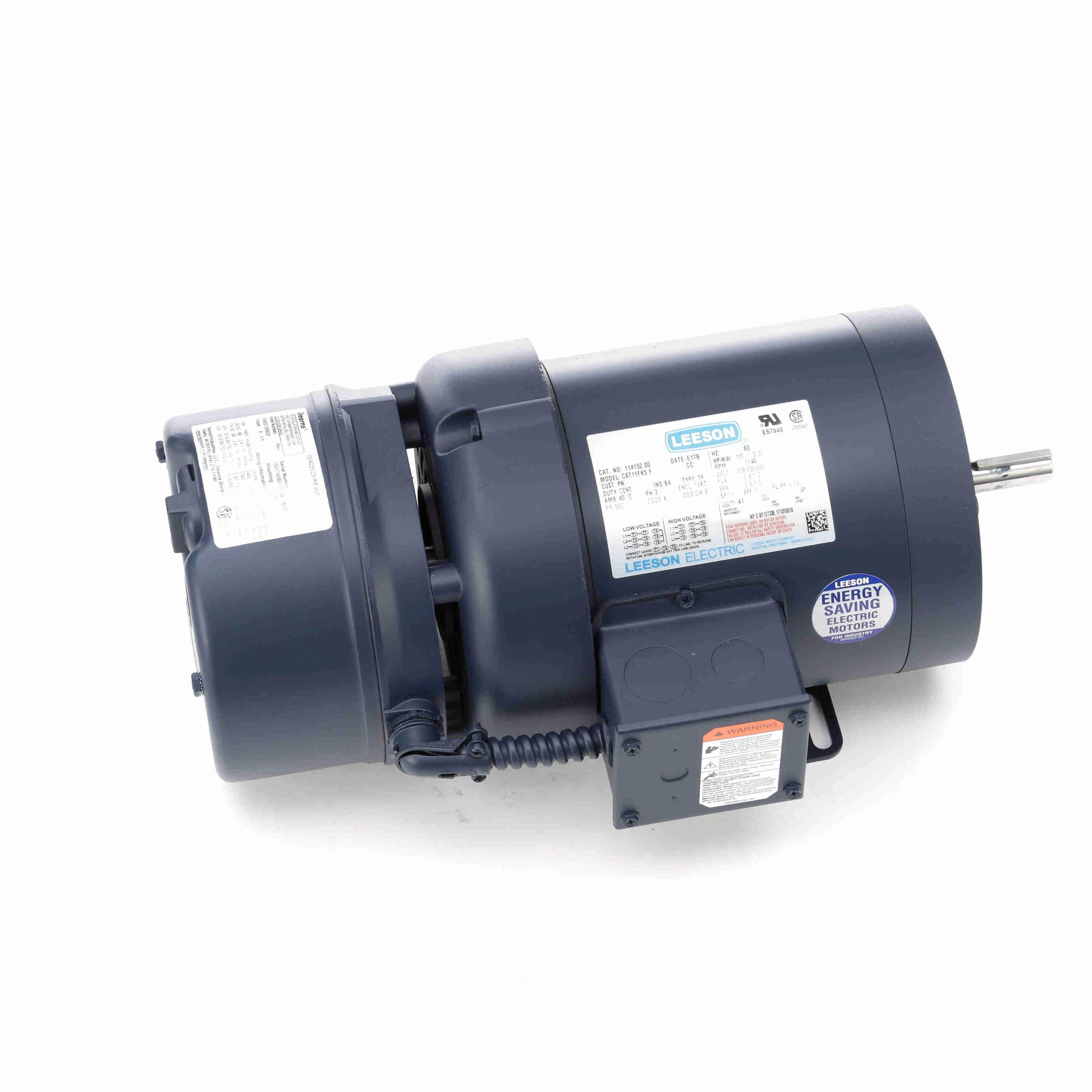 LEESON 114152.00 Brake Motor, TEFC, 1/2 HP, 1140 RPM, 208 To 230/460V AC | CH9TPM 61KM94