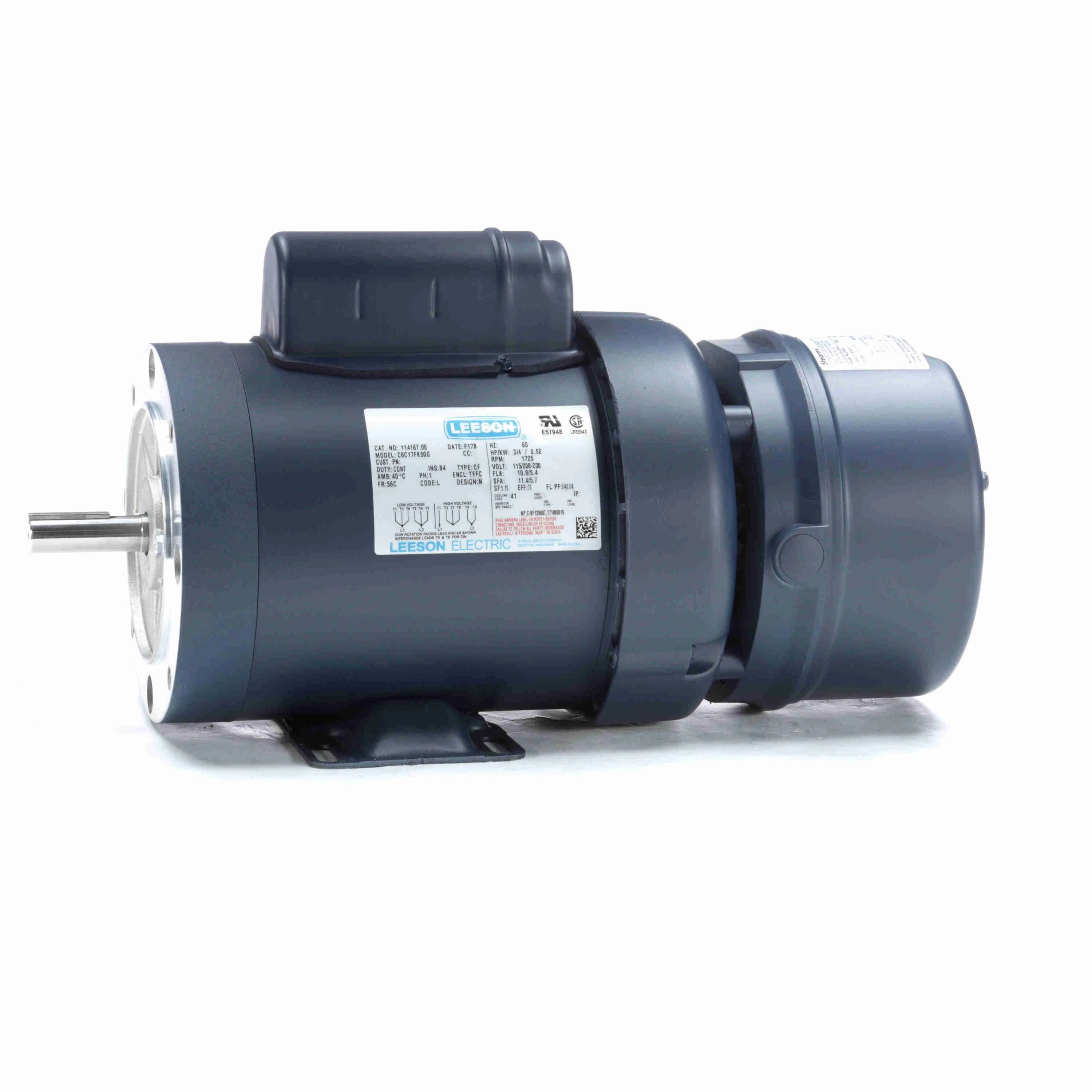 LEESON 114167.00 Brake Motor, TEFC, 3/4 HP, 1725 RPM, 115/208 To 230V AC | AJ2QMZ 61KM84