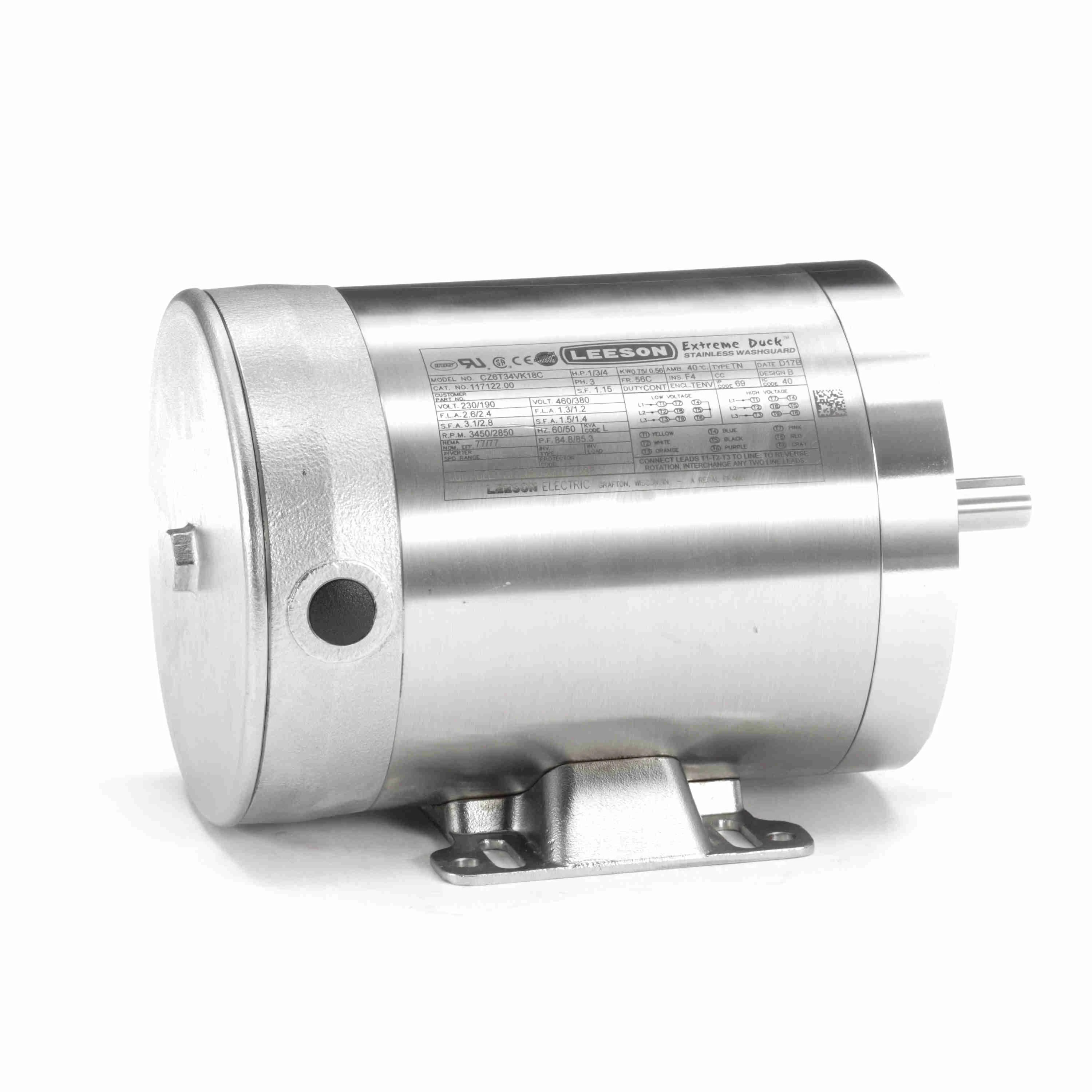 LEESON 117122.00 Washdown Motor 3-phase Tenv 1 Hp 3450 Rpm | AE2MBQ 4YEE1 / CZ6T34VK18C