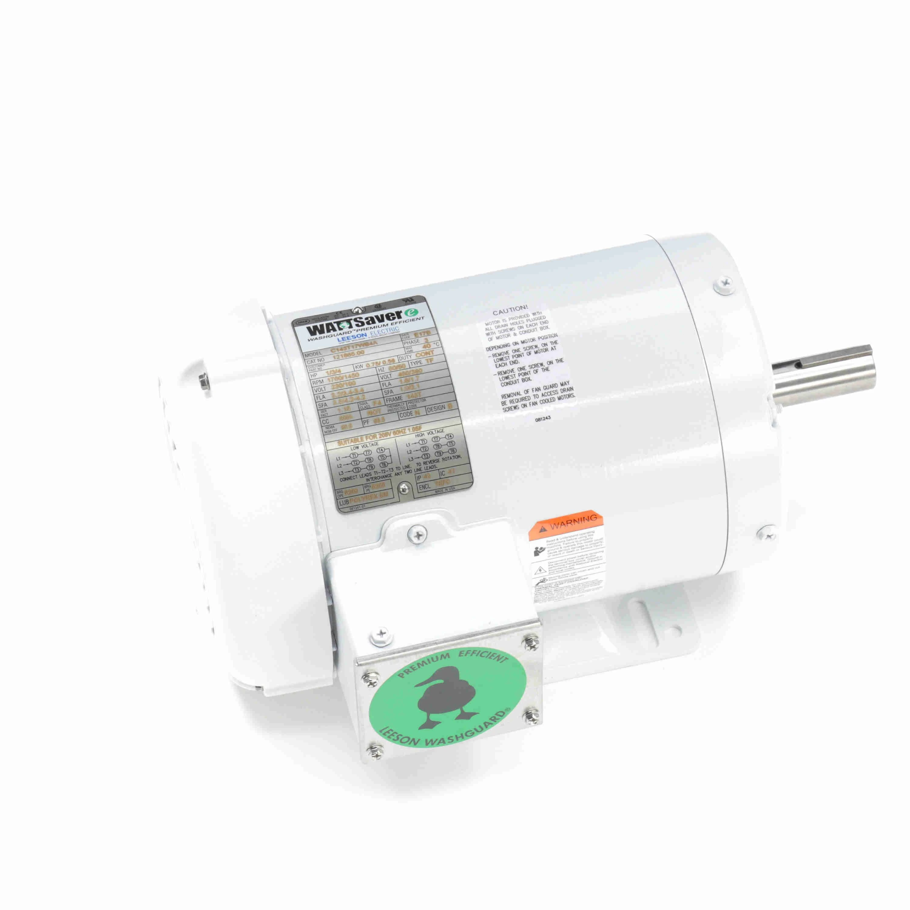 LEESON 121865.00 Washdown Motor, 1 hp, 3 Phase, 1760 Rpm, 230/460VAC | AJ2RJW C143T17WB4A / 60PV27