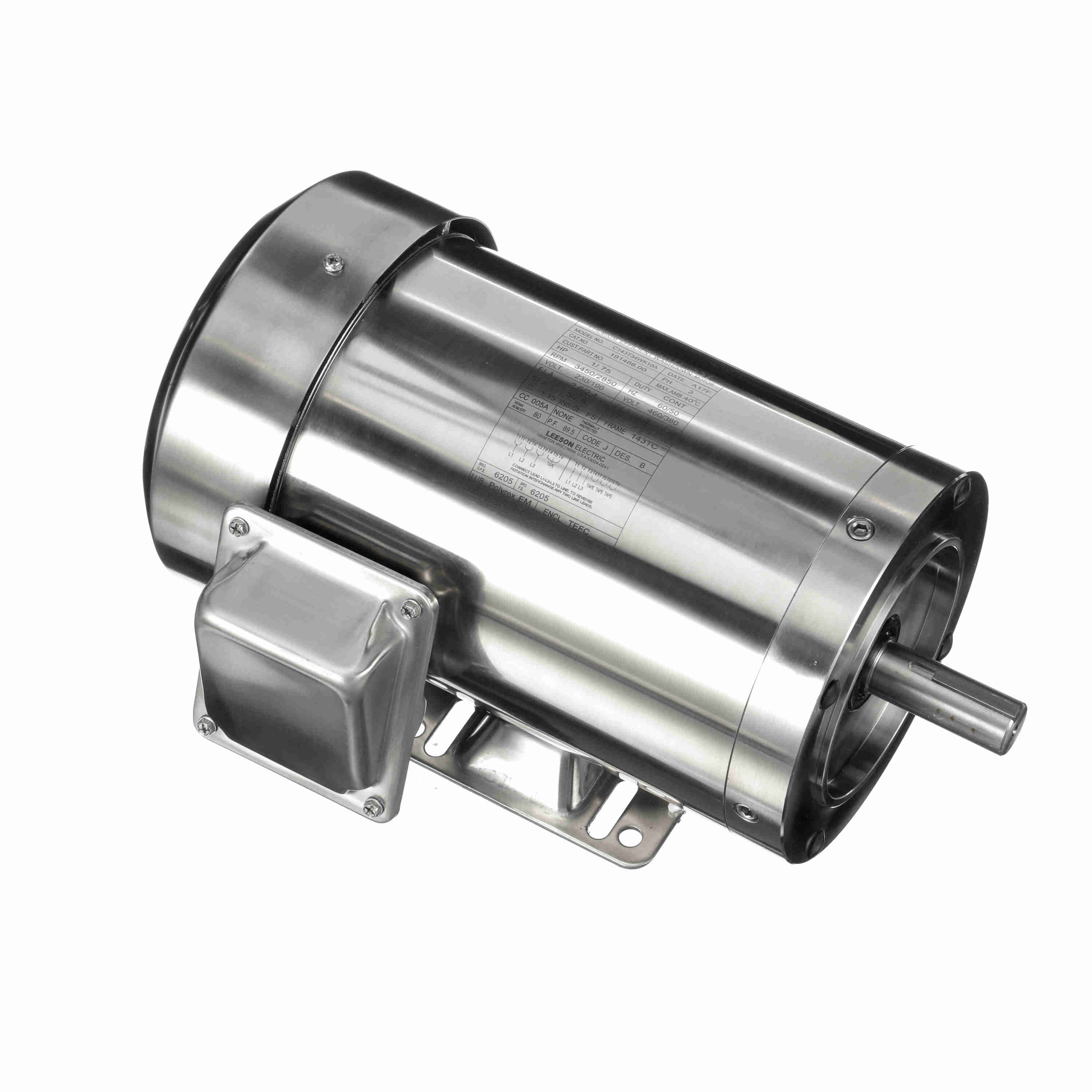 LEESON 191486.00 Washdown Motor, 1 hp, 3 Phase, 3450 Rpm, 208-230/460VAC | AJ2TNE C143T34WK10A / 60PV05