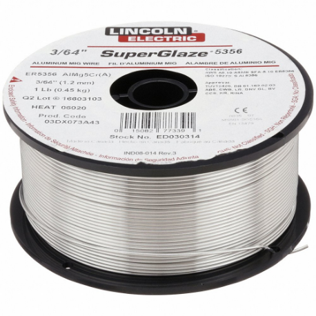 Mig Welding Wire, Aluminum, 3/64 Inch, 1 Lb, Superglaze 5356