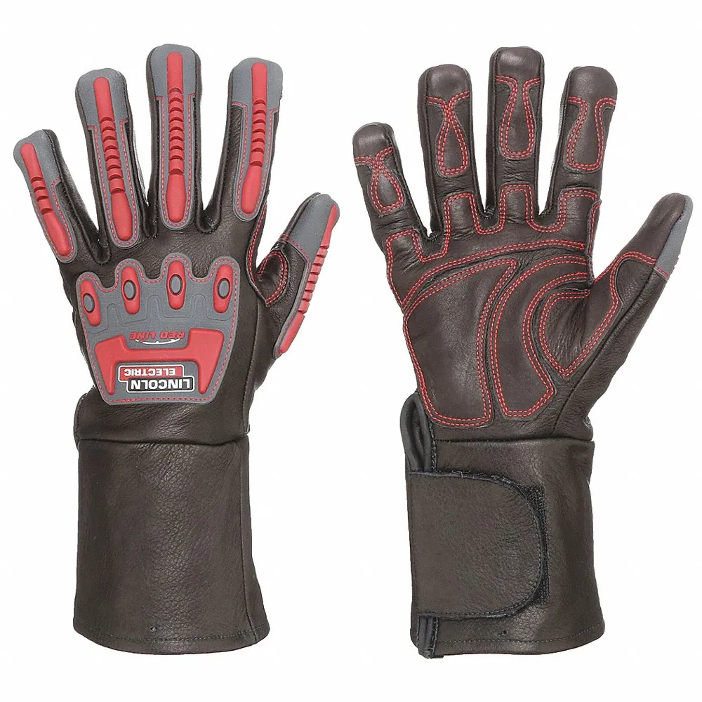 Welding Gloves, Wing Thumb, Gauntlet Cuff, Premium, Black/Red Leather