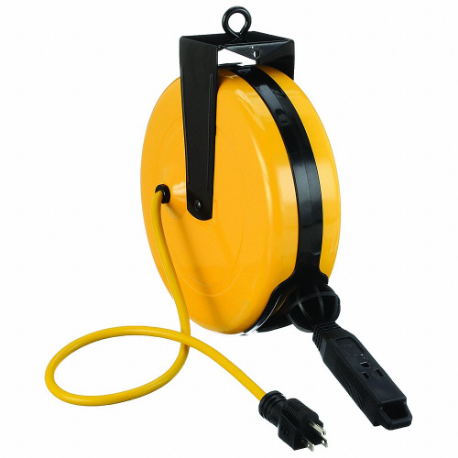 Extension Cord Reel, Grounding Plug, Nema 5-15P, Triple Tap Connector, Nema 5-15R, Yellow