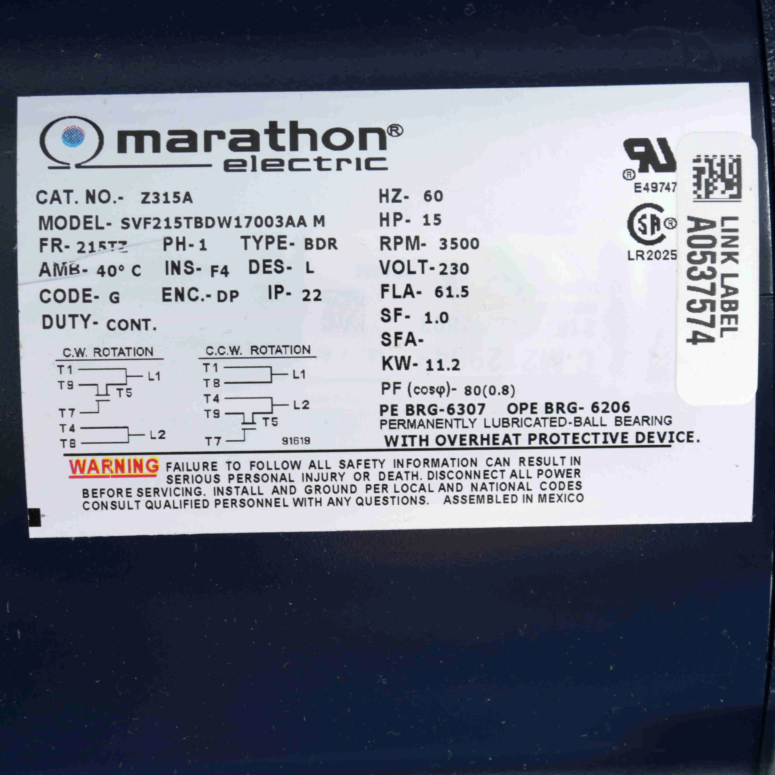 Crop Dryer Motor, 10 and 15 HP, 1 Phase, 60 Hz, 230 and 230V, 3600 and 3600 RPM