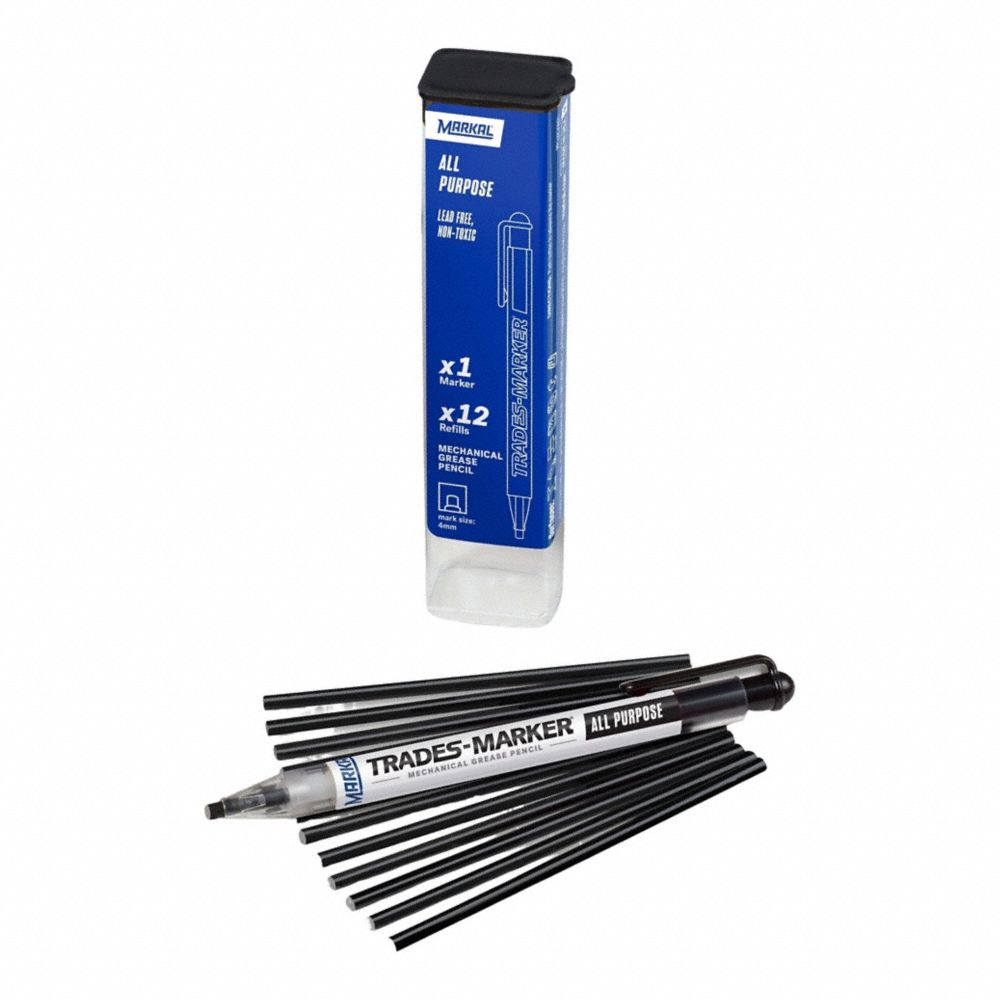 Paint Marker, Mechanical Grease Pencil Kit, 3 mm Tip Wd, Flat, Black, Wax, Black