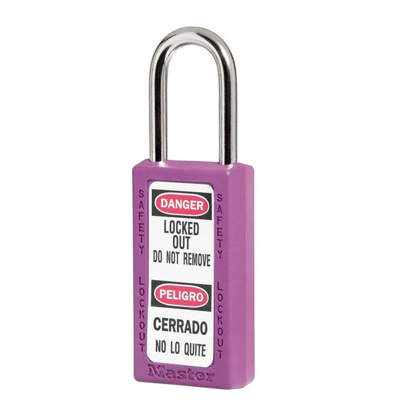 Thermoplastic Safety Padlock With Master Key, 1 1/2 Inch Tall Shackle, Keyed Different , Purple