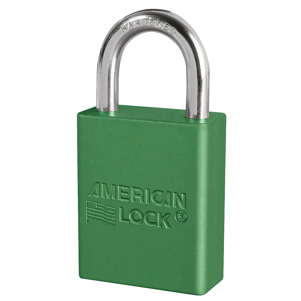 Anodized Aluminium Safety Padlock, 1 1/2 Inch Wide, 1 Inch Tall Shackle, Keyed Alike, 5 Pin Locking, Green
