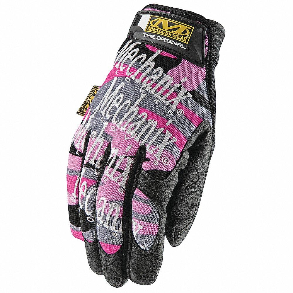 Mechanics Gloves, Size L, Synthetic Leather, Pink Camo, Leather Palm, 1 Pair