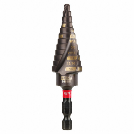 Step Drill Bit, 12 Hole Sizes, 3/16 Inch to 7/8 Inch, 1/16 Inch Step Increments