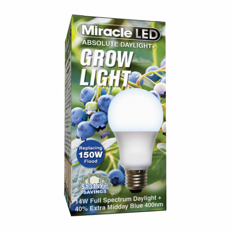 Light Bulb, Blue Spc DaylPlus Grow LED, A19, 150W INC Watt Eq, 120 V, 14 W Watts, LED