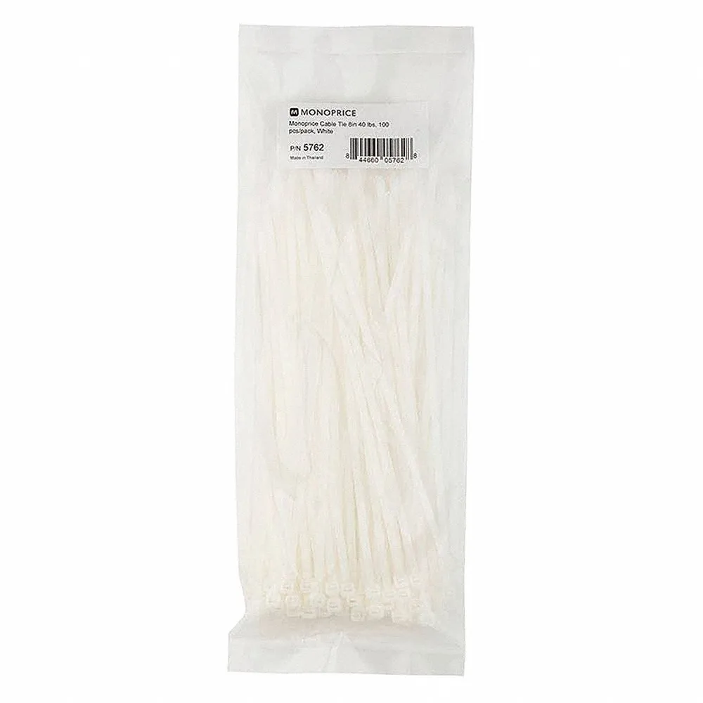 Cable Tie, 8 Inch Nominal Length, White, Intermediate, 40 lb. Tensile Strength, 100PK