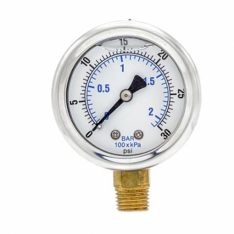 Industrial Pressure Gauge, 0 To 30 Psi, 2 Inch Dial, 1/4 Inch Npt Male, Bottom