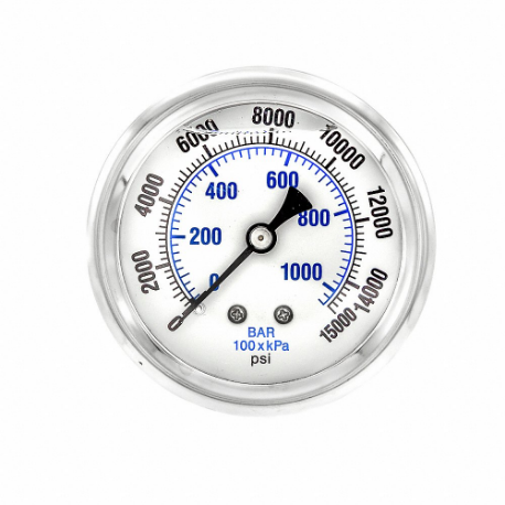 Đồng hồ đo áp suất công nghiệp, 0 đến 15000 PSI, mặt số 2 1/2 inch, chứa đầy chất lỏng