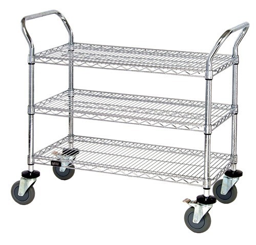 Wire Utility Cart, 3 Wire Shelf, 18 x 48 x 37-1/2 Inch Size, Chrome