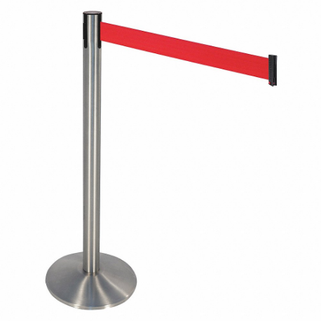 Barrier Post With Belt, Aluminum, Satin Stainless Steel, 40 Inch Post Height, Sloped, Red