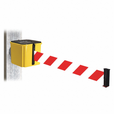 Retractable Belt Barrier, Red And White Diagonal Striped, Yellow, 15 ft Belt Length