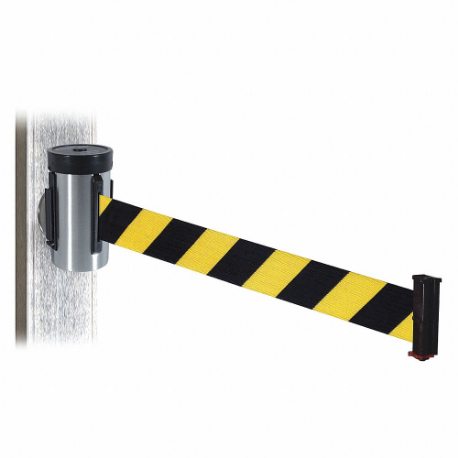 Retractable Belt Barrier, Black And Yellow Diagonal Striped, Satin Stainless Steel