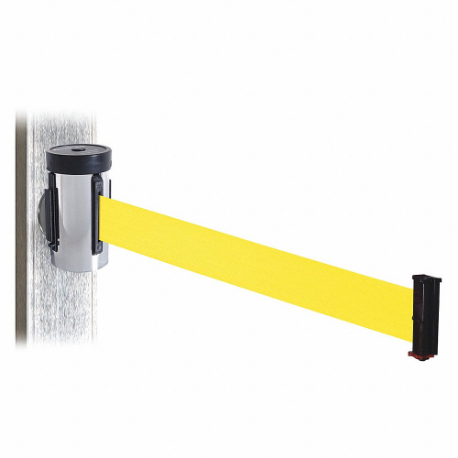 Retractable Belt Barrier, Yellow, Satin Stainless Steel, 10 ft Belt Length