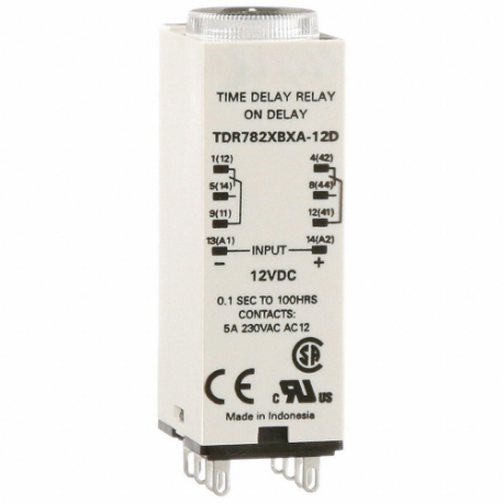 Single Function Time Delay Relay, Socket Mounted, 12V DC, 5 A, 8 Pins/Terminals, On Delay