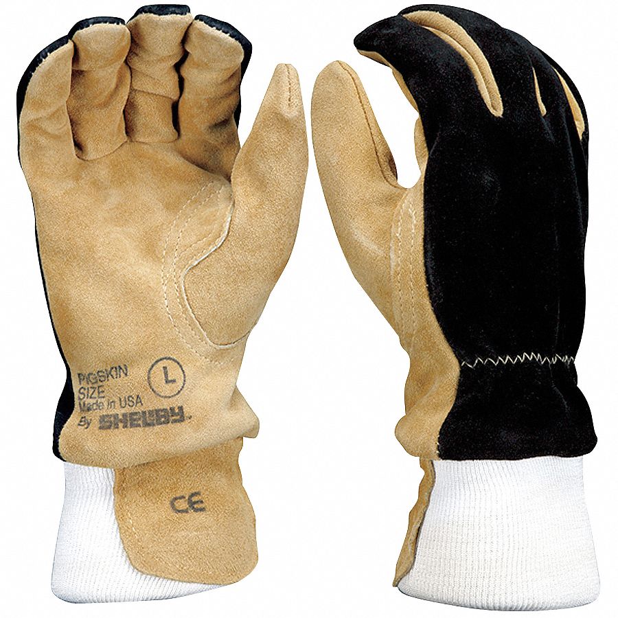 消防員手套，XL 號，針織袖口，豬皮棕櫚材質，黑色/棕褐色