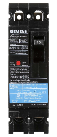 SIEMENS ED22B015 Bolt On Circuit Breaker Ed 15 Amp 240vac 2p 10kaic@240v | AG8MTT