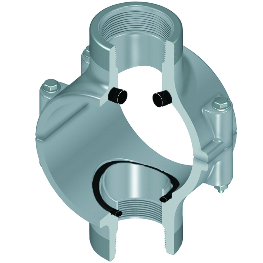 Special Reinforced Clamp-On Saddle, Double Outlet, FKM, 8 x 1-1/4 Inch Size, CPVC