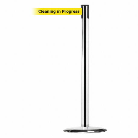 Barrier Post With Belt, Steel, Polished Chrome, 38 Inch Height, 2 1/2 Inch Dia.