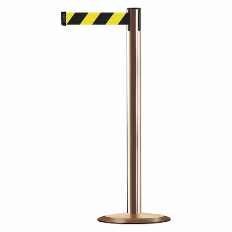 Barrier Post With Belt, Steel, Polished Brass, 38 Inch Post Height, 2 1/2 Inch Post Dia