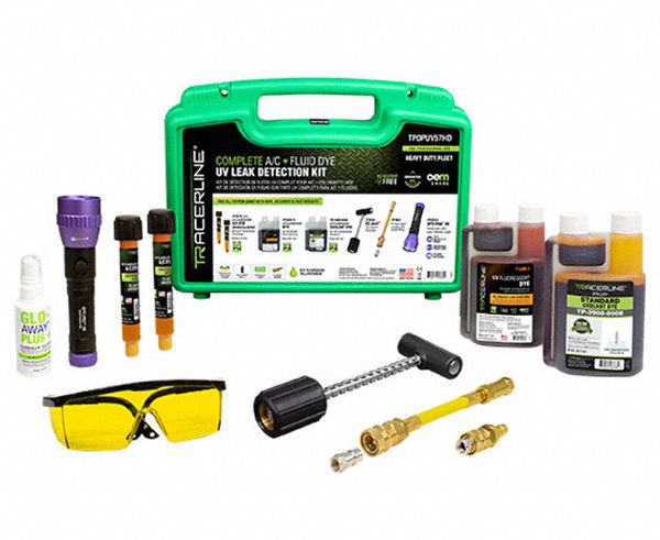 Kit di rilevamento perdite UV, Heavy Duty, con torcia UV, colorante, adattatore, custodia verde media