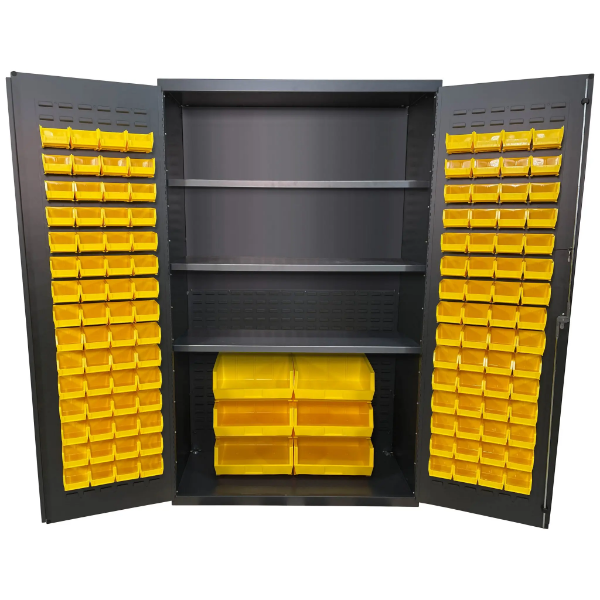 Bin And Shelf Cabinet, 48 x 24 x 78 Inch Size, Half Bins, Louvered Door Panels