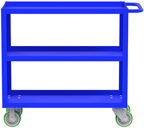 립이 있는 선반 유틸리티 카트 3개, 24 x 36 x 39인치 크기, 파란색, 바퀴 장착형